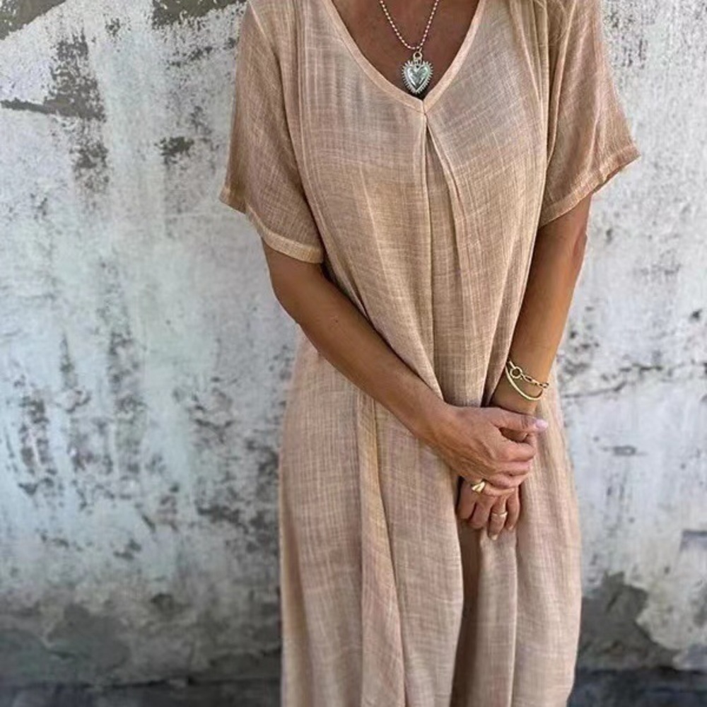 Lightweight V-Neck Linen Maxi Dress in Soft Beige